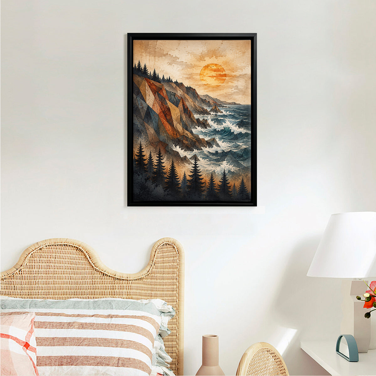 Framed Coastal Landscape Art Print with Geometric Mountains and Pine Trees, Perfect for Home Decor in Any Room