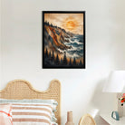 Framed Coastal Landscape Art Print with Geometric Mountains and Pine Trees, Perfect for Home Decor in Any Room