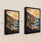 Framed Coastal Landscape Art Print with Geometric Mountains and Pine Trees, Perfect for Home Decor in Any Room