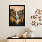 Framed Mountain Waterfall Landscape Art Print, Geometric Style, High-Quality Paper, Perfect for Home or Office Decoration in New York