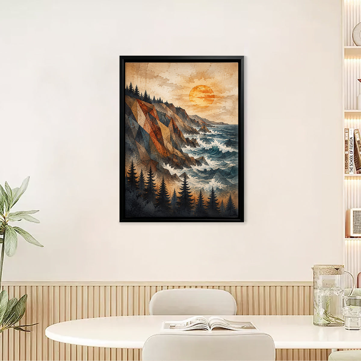 Framed Coastal Landscape Art Print with Geometric Mountains and Pine Trees, Perfect for Home Decor in Any Room