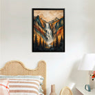Framed Mountain Waterfall Landscape Art Print, Geometric Style, High-Quality Paper, Perfect for Home or Office Decoration in New York