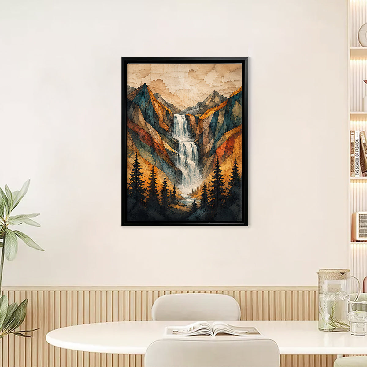 Framed Mountain Waterfall Landscape Art Print, Geometric Style, High-Quality Paper, Perfect for Home or Office Decoration in New York