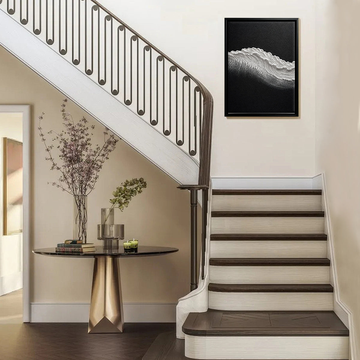 Abstract Wave Art Print in Black Frame, Modern Coastal Decor for Living Room or Staircase