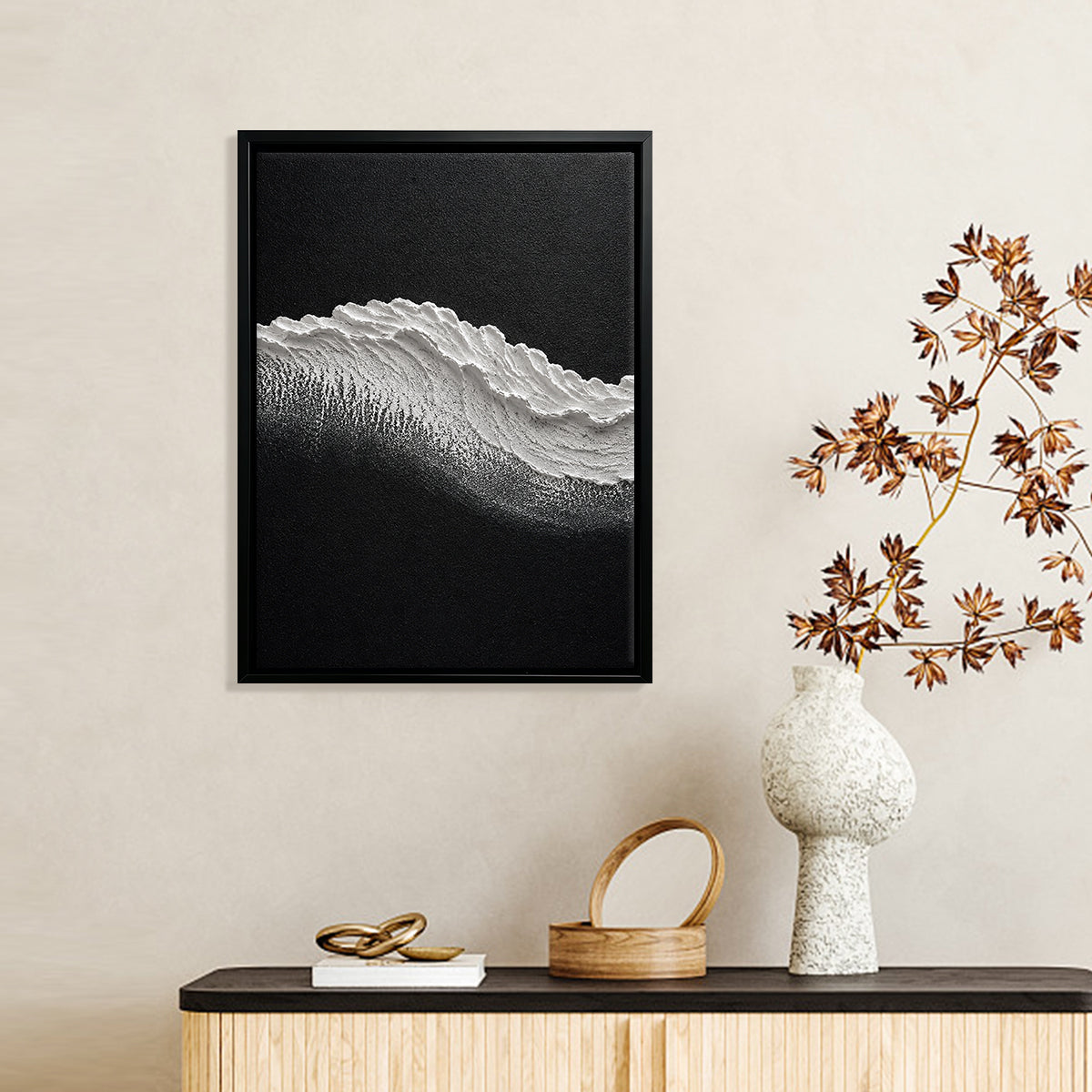 Abstract Wave Art Print in Black Frame, Modern Coastal Decor for Living Room or Staircase