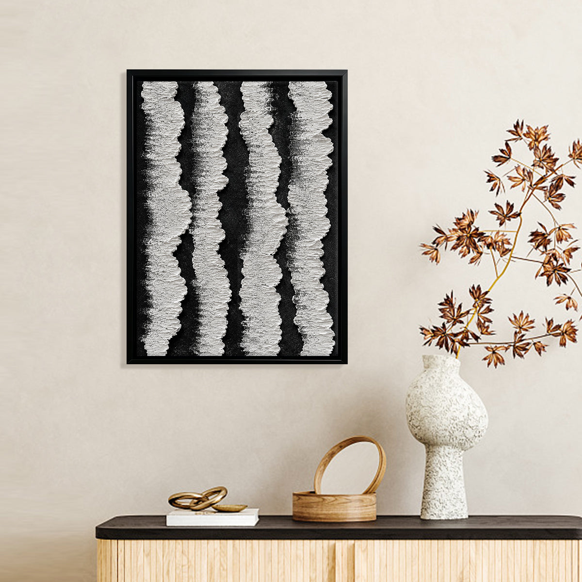 Abstract Black and White Stripes Framed Art Print, Modern Home Decor, High-Quality Canvas, Perfect for Living Room or Office