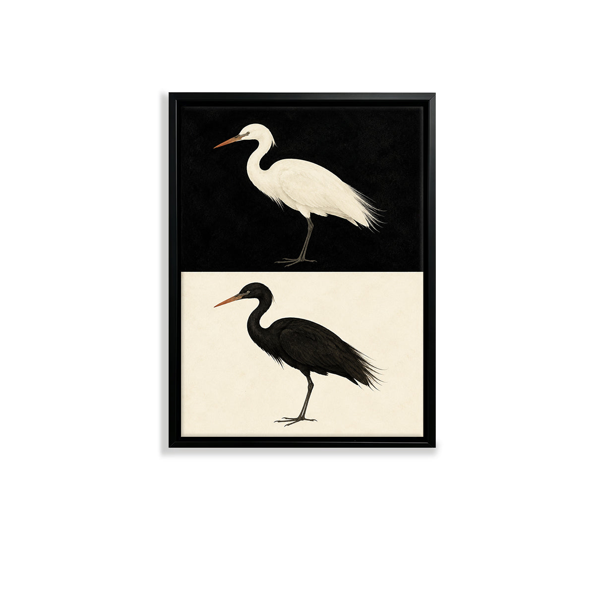 Framed Bird Art Print Featuring White and Black Herons, Modern Home Decor, High-Quality Matte Finish, Perfect for Living Room or Office