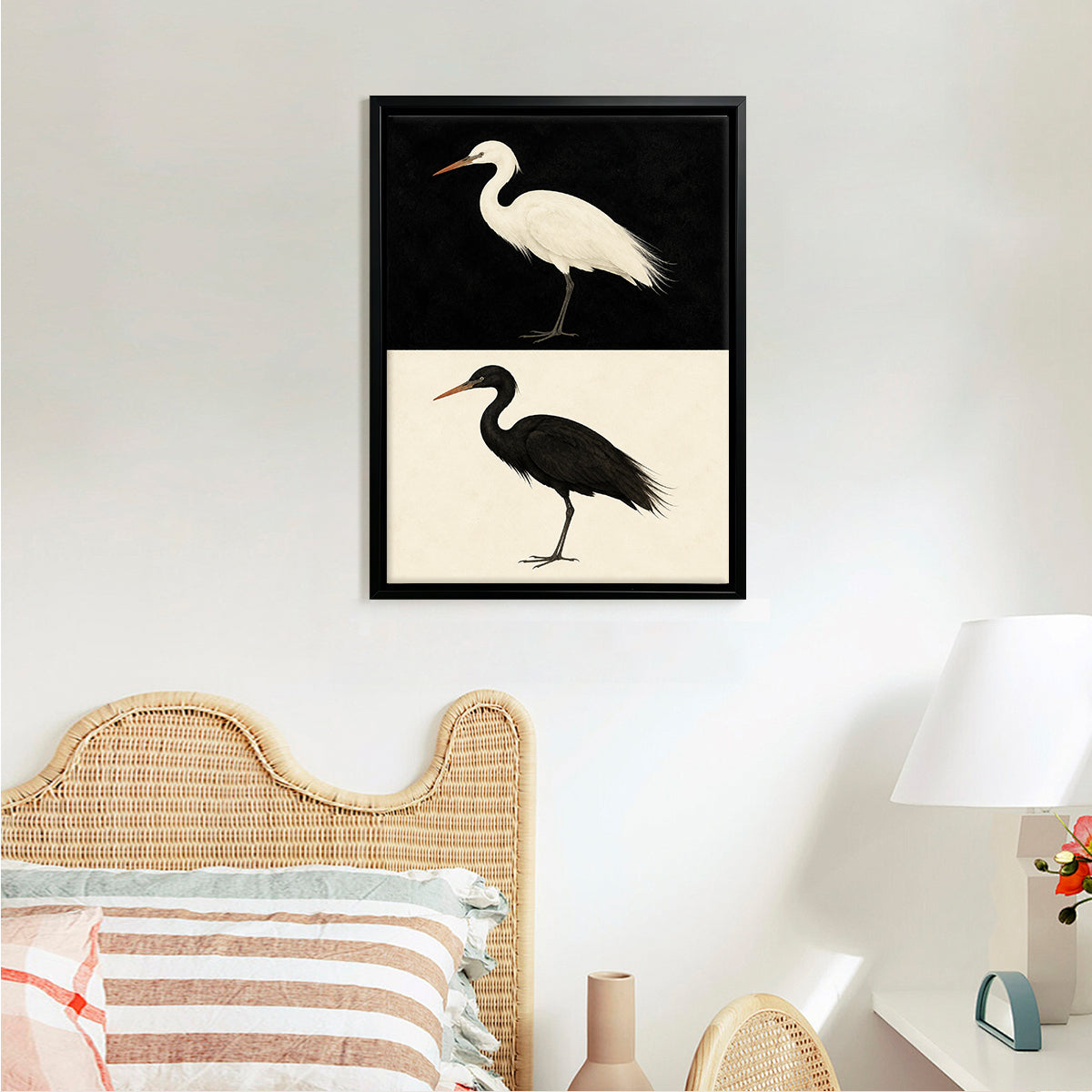 Framed Bird Art Print Featuring White and Black Herons, Modern Home Decor, High-Quality Matte Finish, Perfect for Living Room or Office