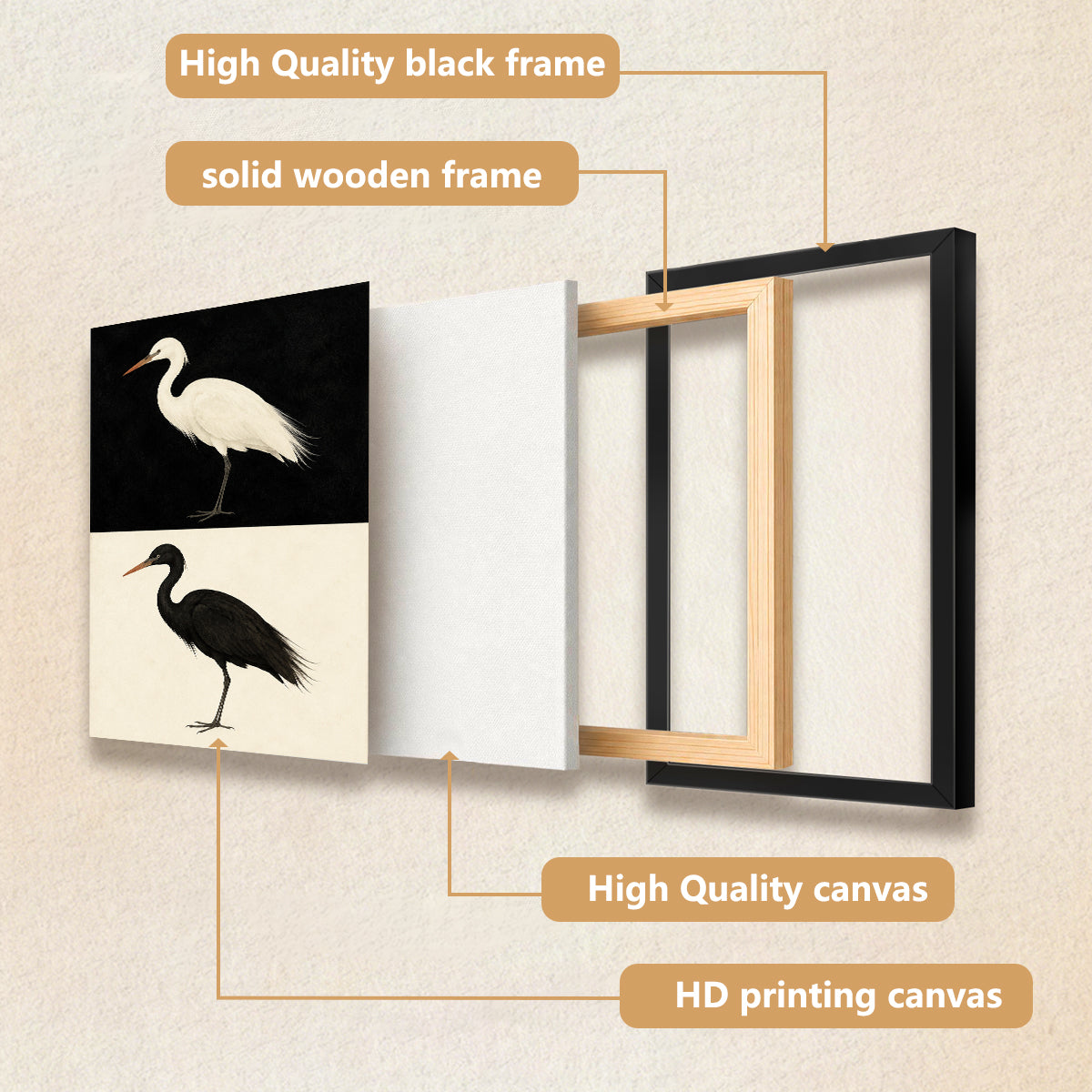 Framed Bird Art Print Featuring White and Black Herons, Modern Home Decor, High-Quality Matte Finish, Perfect for Living Room or Office
