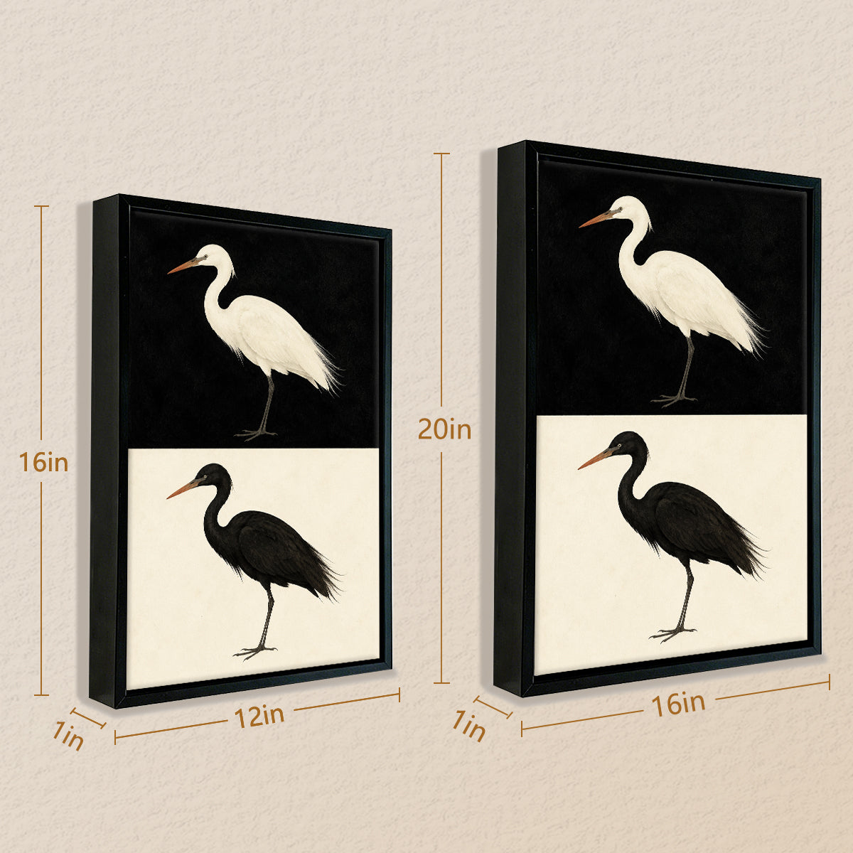 Framed Bird Art Print Featuring White and Black Herons, Modern Home Decor, High-Quality Matte Finish, Perfect for Living Room or Office