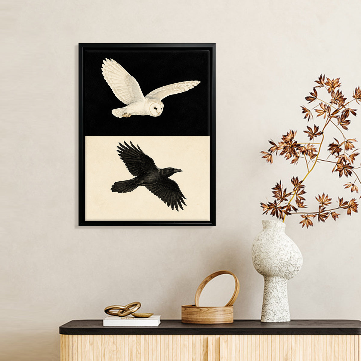 Framed Barn Owl and Raven Flying Art Print, Vintage Style Canvas Wall Decor for Home or Office