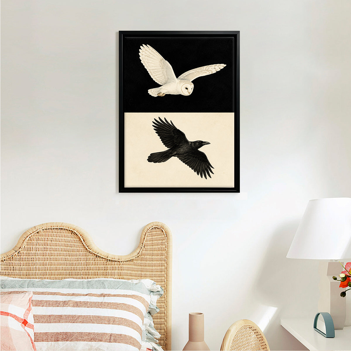 Framed Barn Owl and Raven Flying Art Print, Vintage Style Canvas Wall Decor for Home or Office