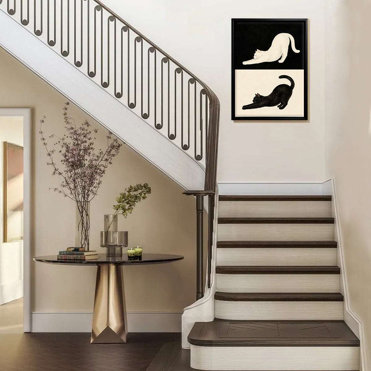 Framed Cat Stretching Art Print, Black and White Modern Home Decor, Perfect for Living Room or Bedroom