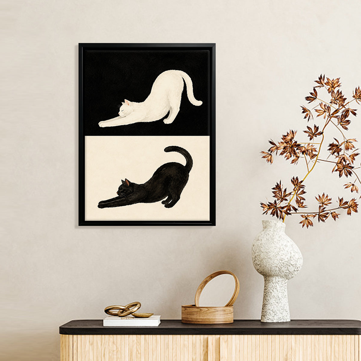 Framed Cat Stretching Art Print, Black and White Modern Home Decor, Perfect for Living Room or Bedroom