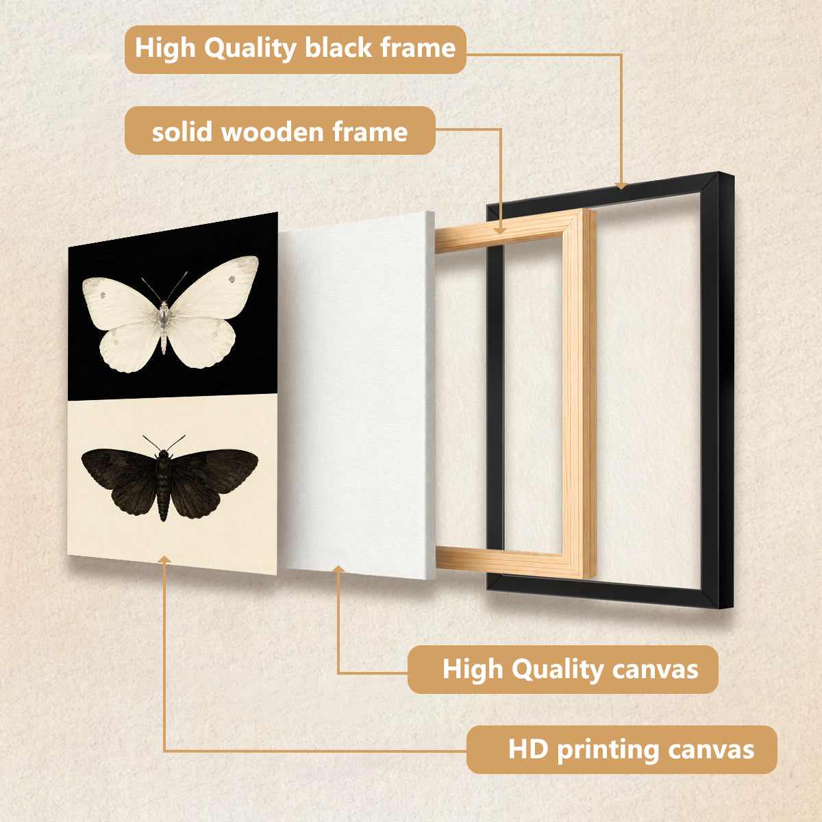 Framed Butterfly Art Print Featuring White and Black Moth Designs, Elegant Home Decor for Any Room