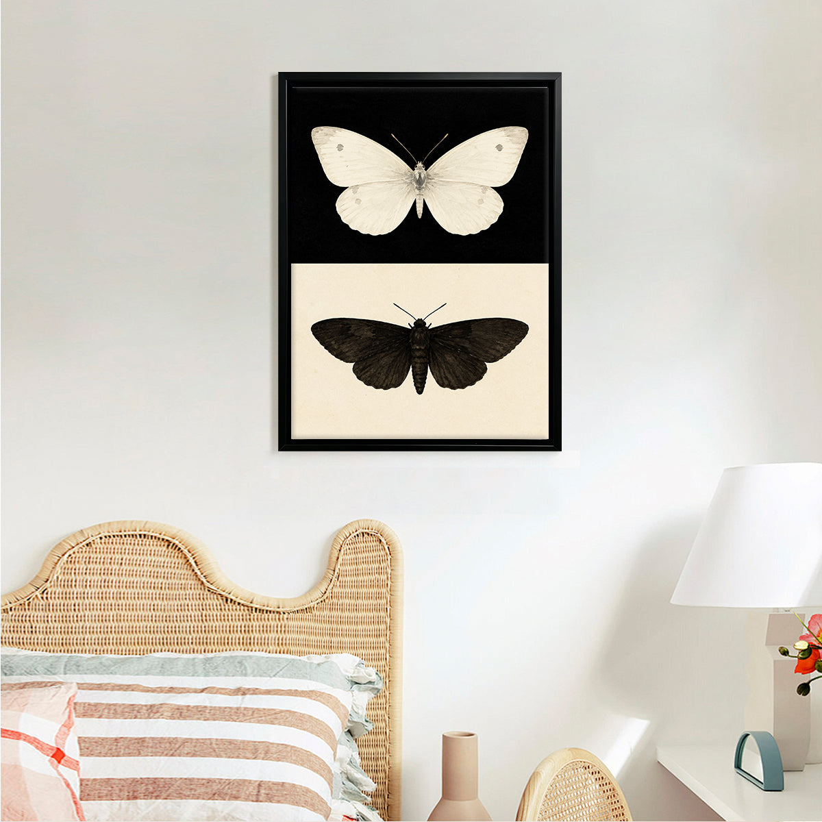 Framed Butterfly Art Print Featuring White and Black Moth Designs, Elegant Home Decor for Any Room