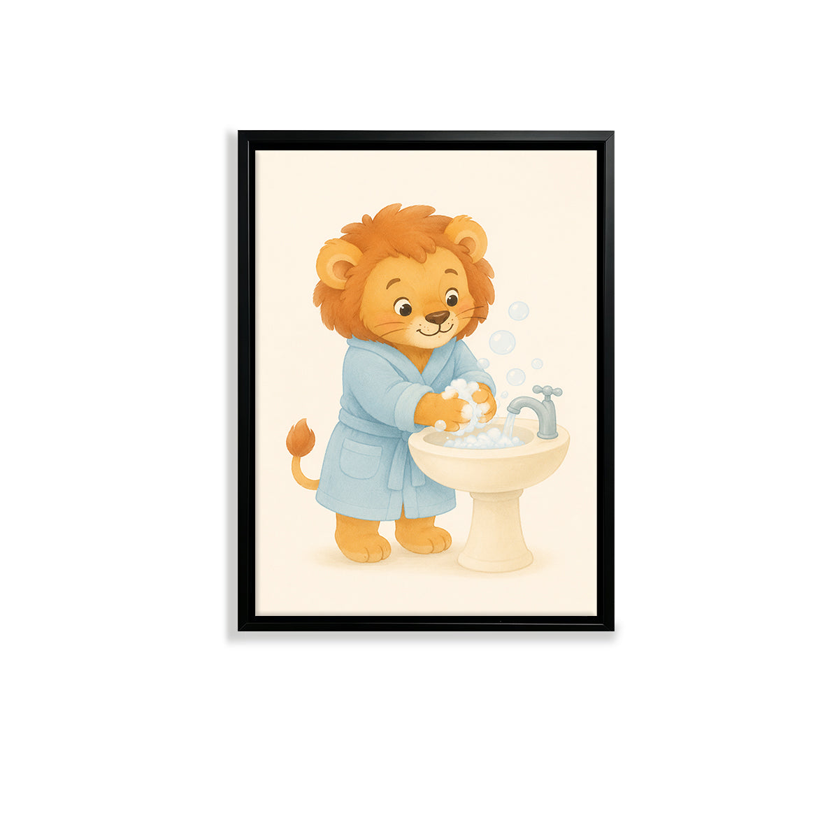 Framed Lion Washing Hands Bathroom Art Print, Adorable Kids Decor, High-Quality Matte Finish