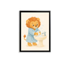 Framed Lion Washing Hands Bathroom Art Print, Adorable Kids Decor, High-Quality Matte Finish