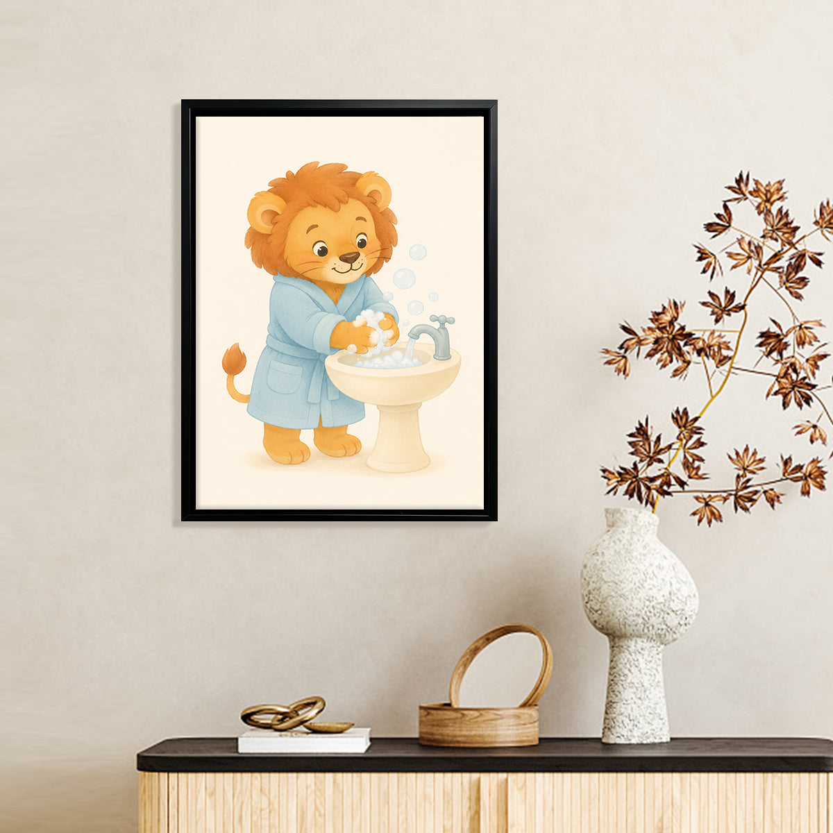 Framed Lion Washing Hands Bathroom Art Print, Adorable Kids Decor, High-Quality Matte Finish
