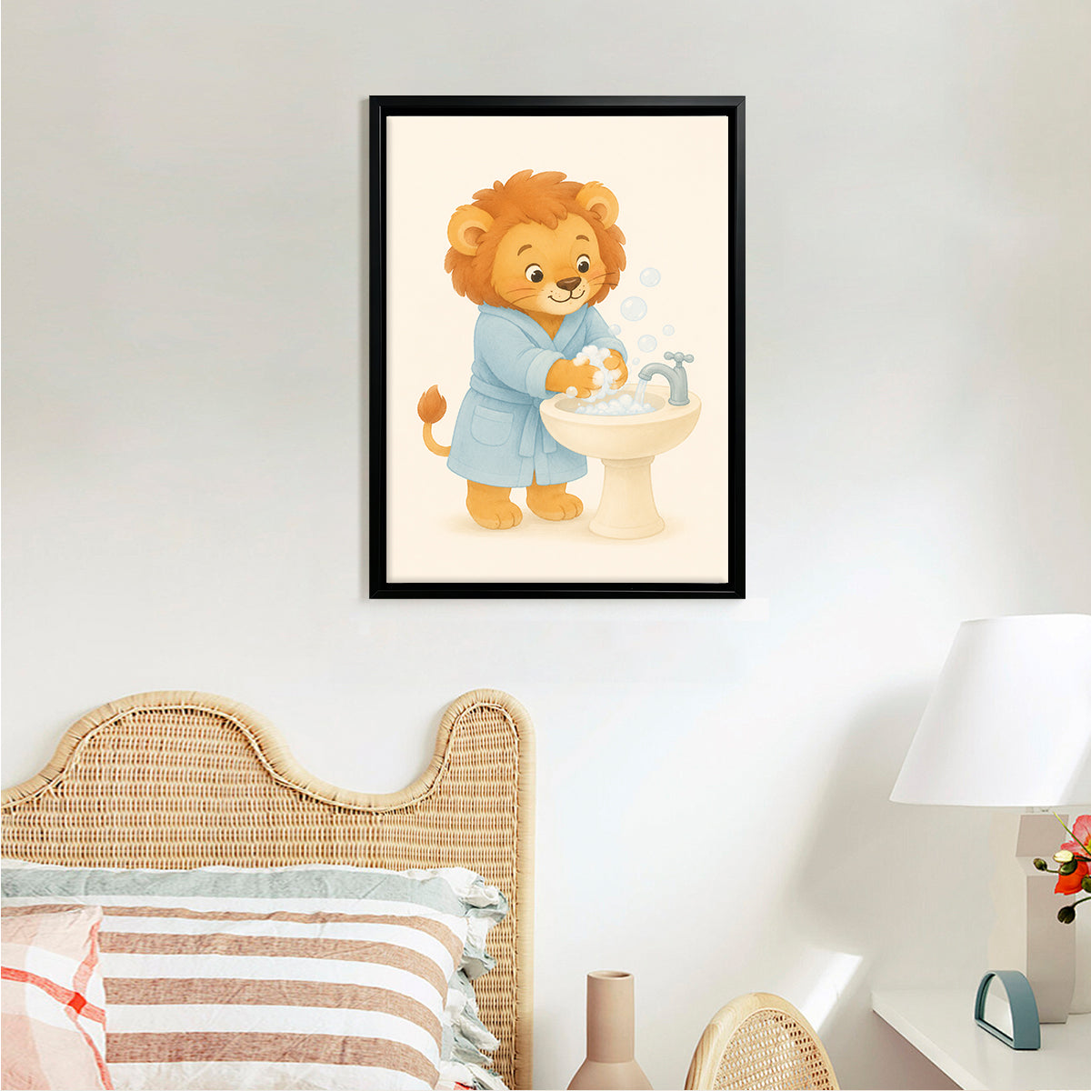 Framed Lion Washing Hands Bathroom Art Print, Adorable Kids Decor, High-Quality Matte Finish