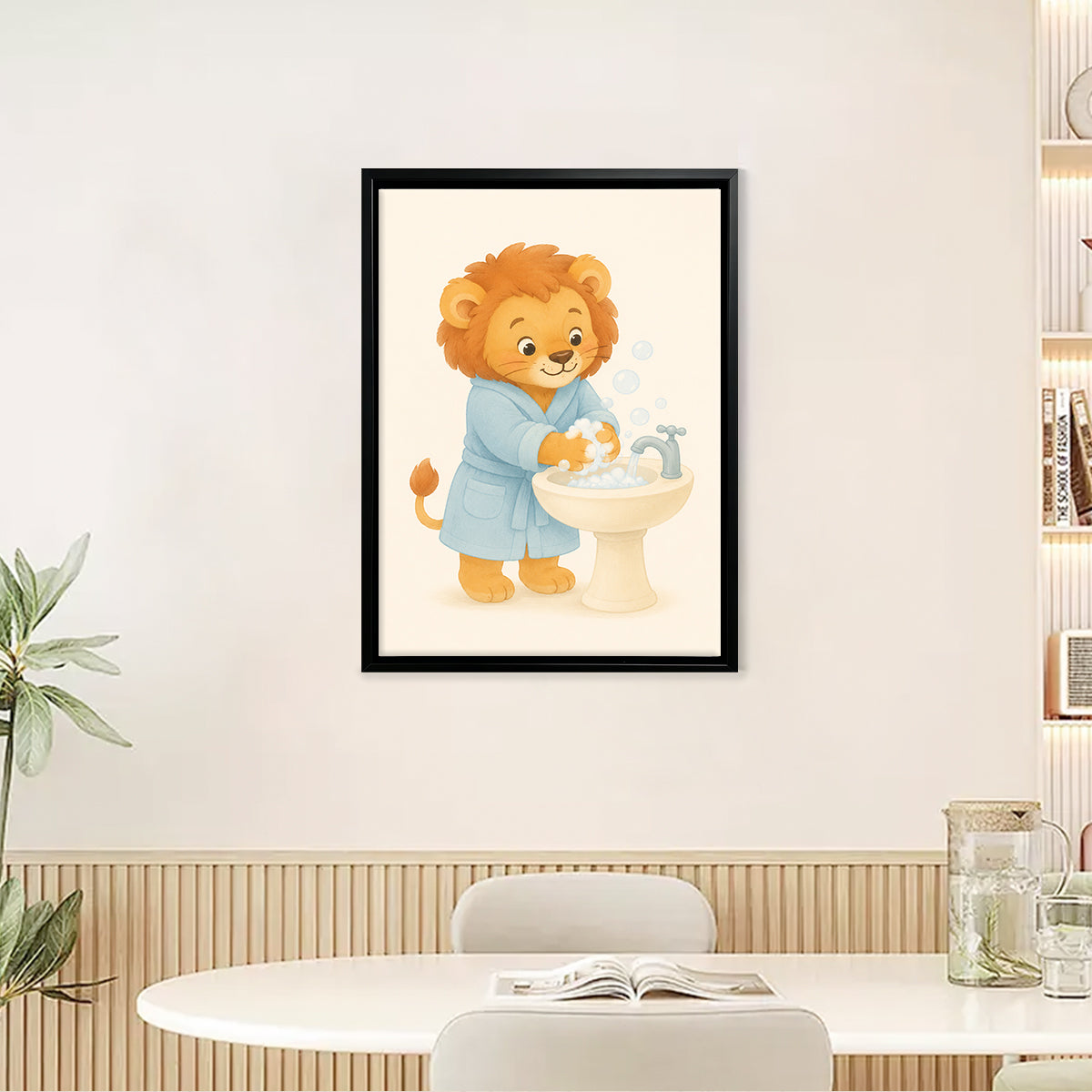Framed Lion Washing Hands Bathroom Art Print, Adorable Kids Decor, High-Quality Matte Finish