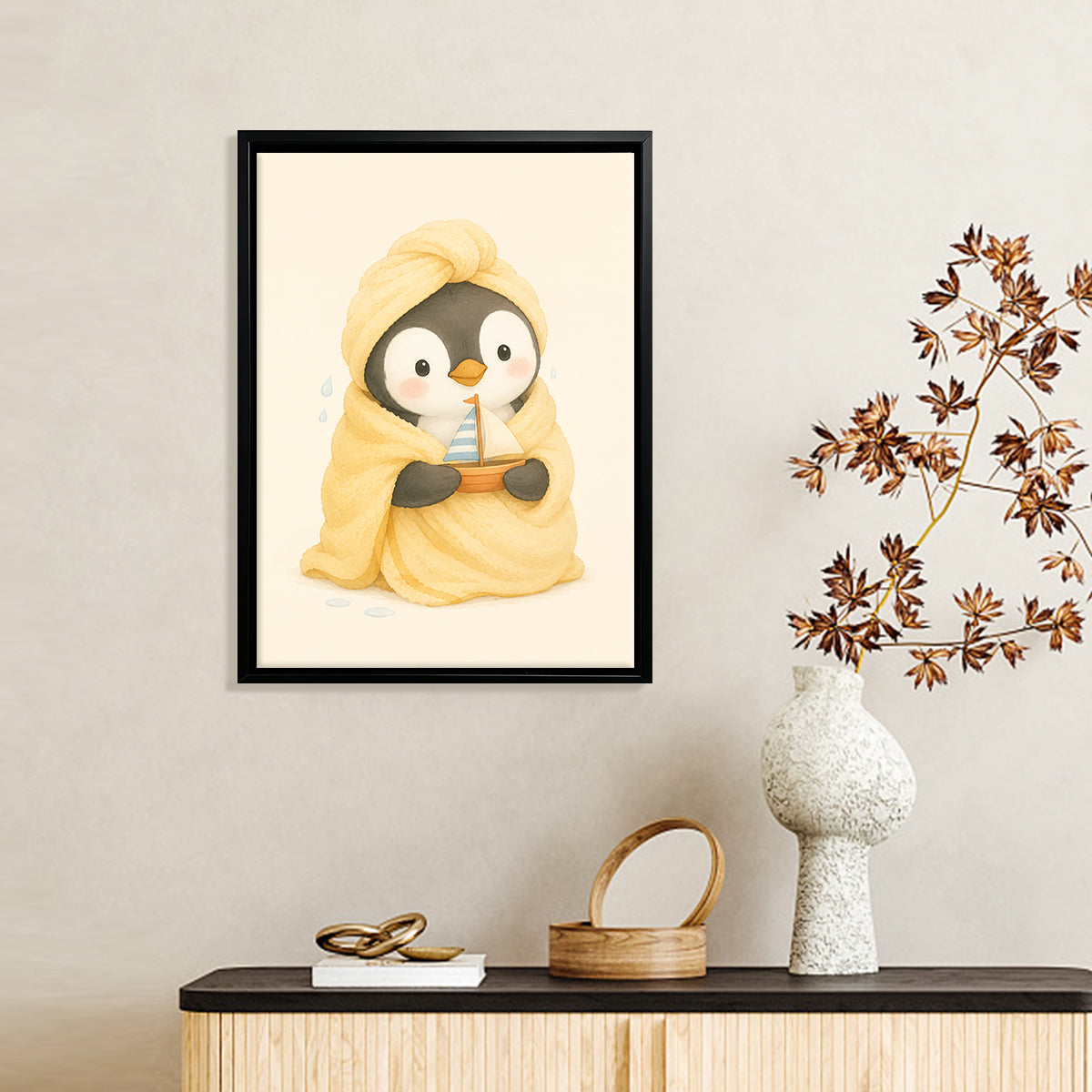 Framed Penguin Wrapped in Towel Holding Toy Boat Art Print, Cozy Winter Home Decor