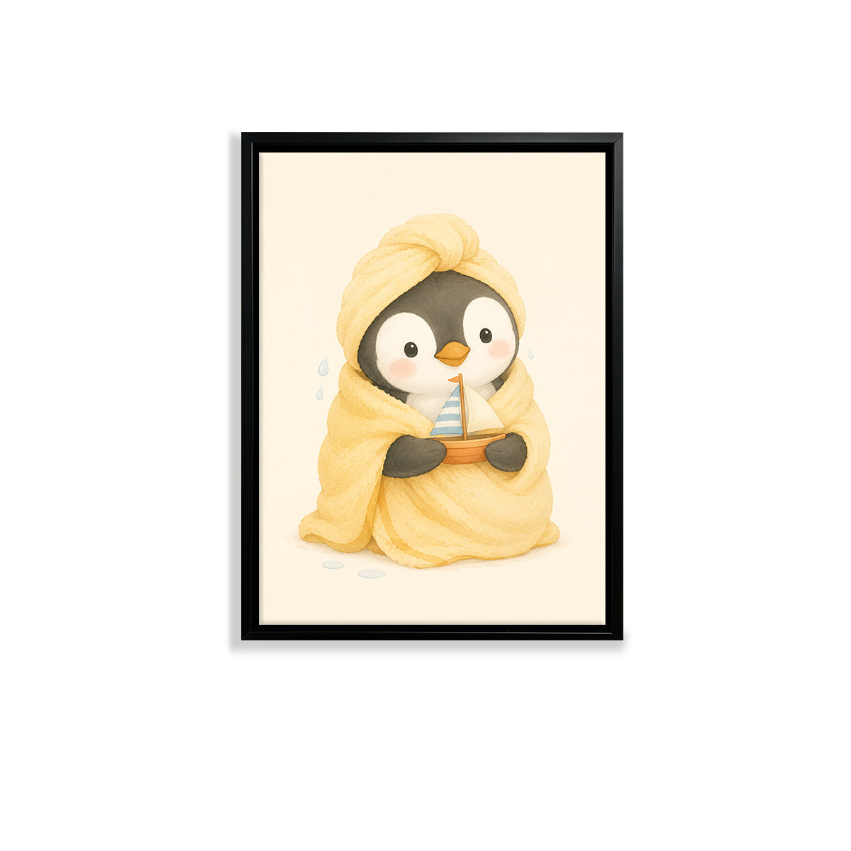 Framed Penguin Wrapped in Towel Holding Toy Boat Art Print, Cozy Winter Home Decor