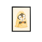 Framed Penguin Wrapped in Towel Holding Toy Boat Art Print, Cozy Winter Home Decor
