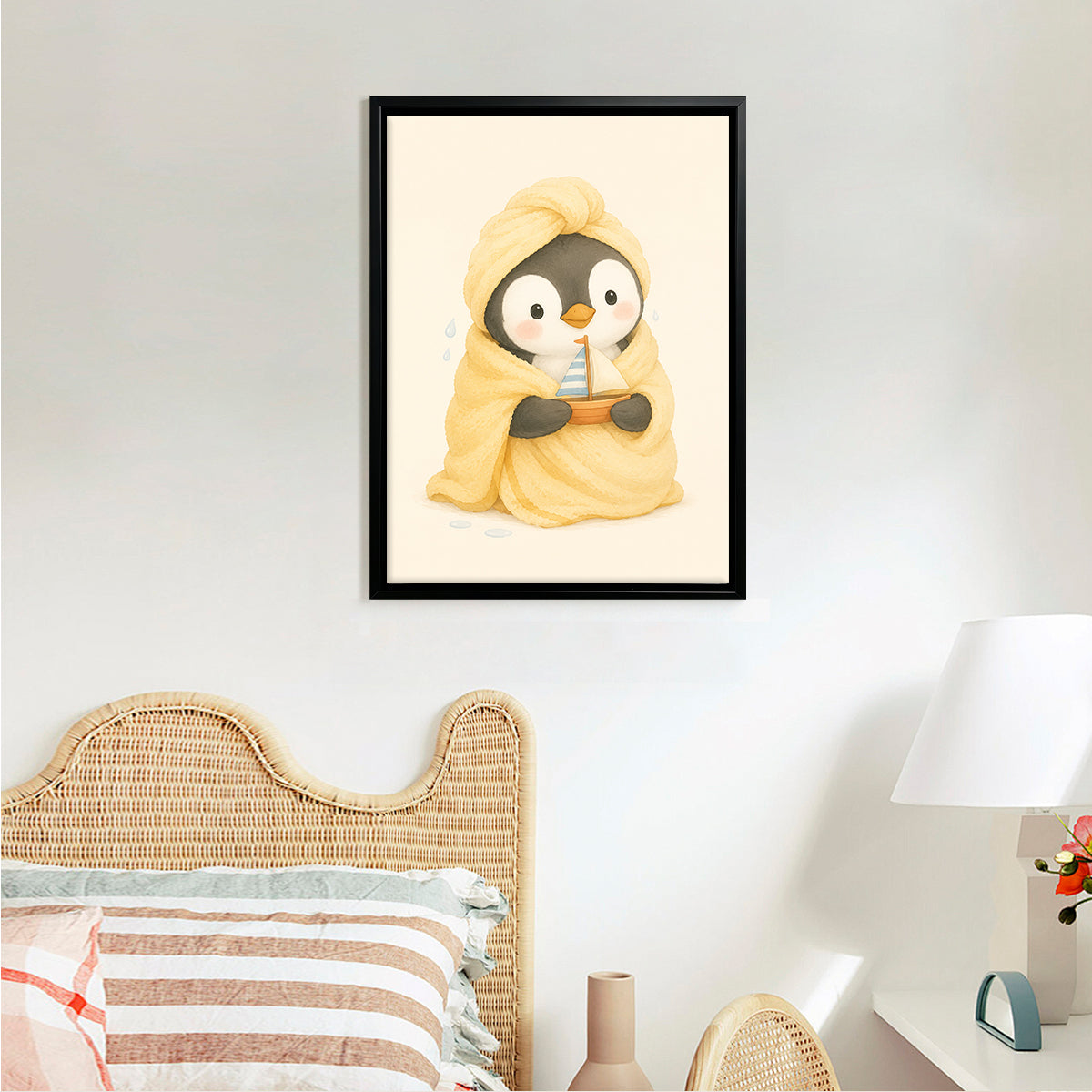 Framed Penguin Wrapped in Towel Holding Toy Boat Art Print, Cozy Winter Home Decor