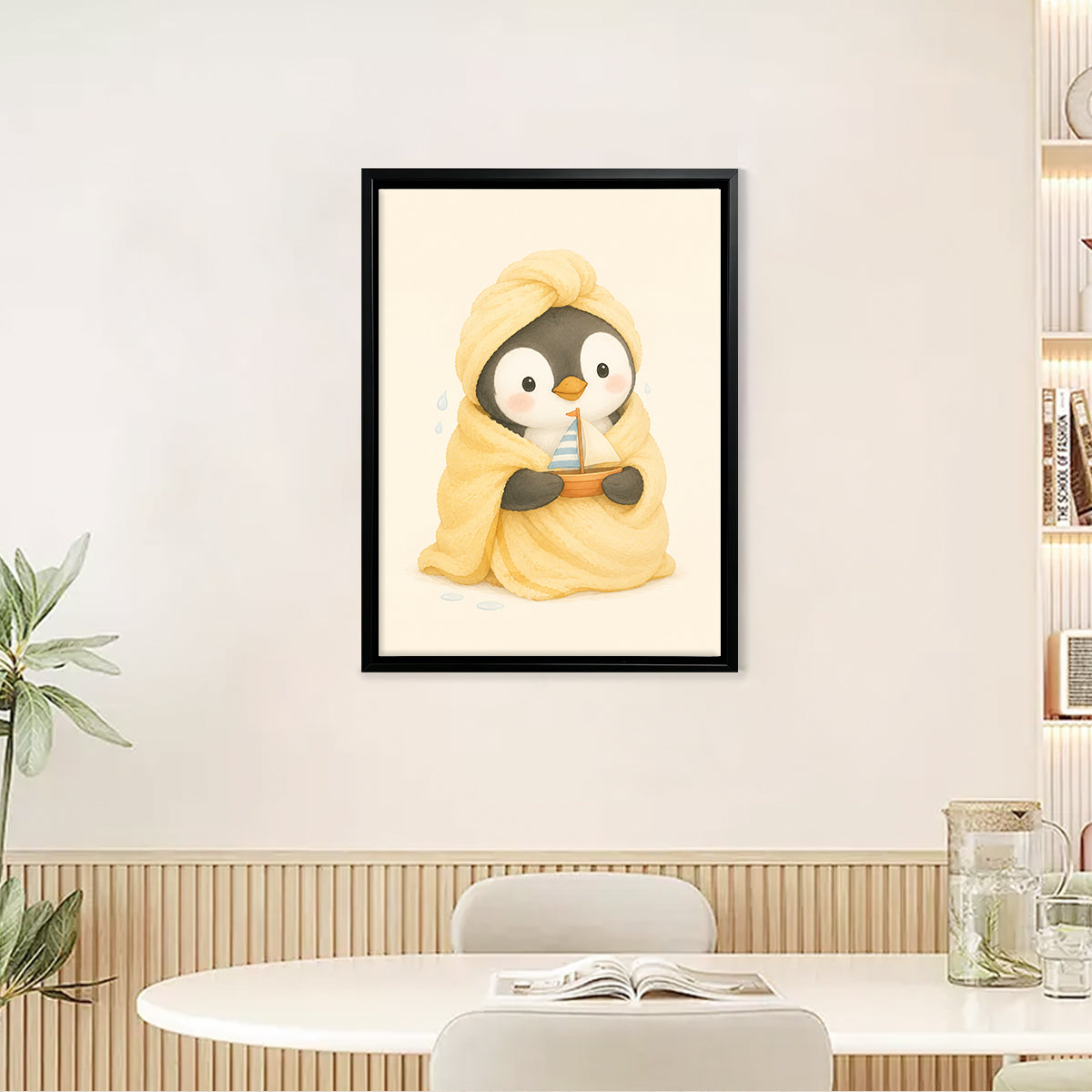 Framed Penguin Wrapped in Towel Holding Toy Boat Art Print, Cozy Winter Home Decor