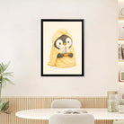Framed Penguin Wrapped in Towel Holding Toy Boat Art Print, Cozy Winter Home Decor