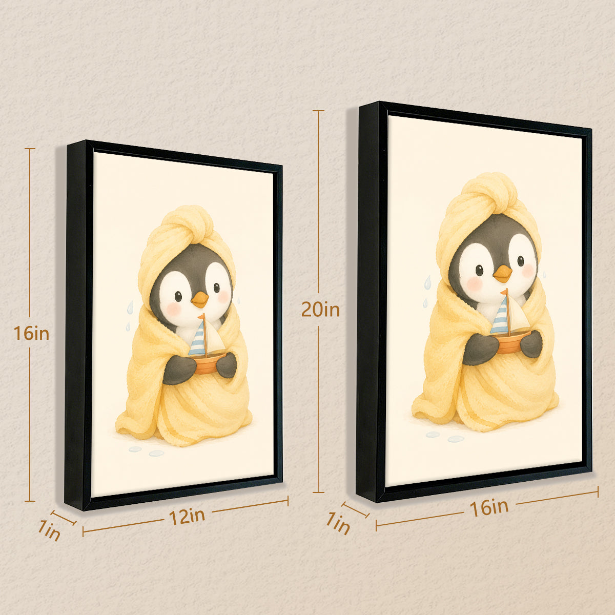 Framed Penguin Wrapped in Towel Holding Toy Boat Art Print, Cozy Winter Home Decor