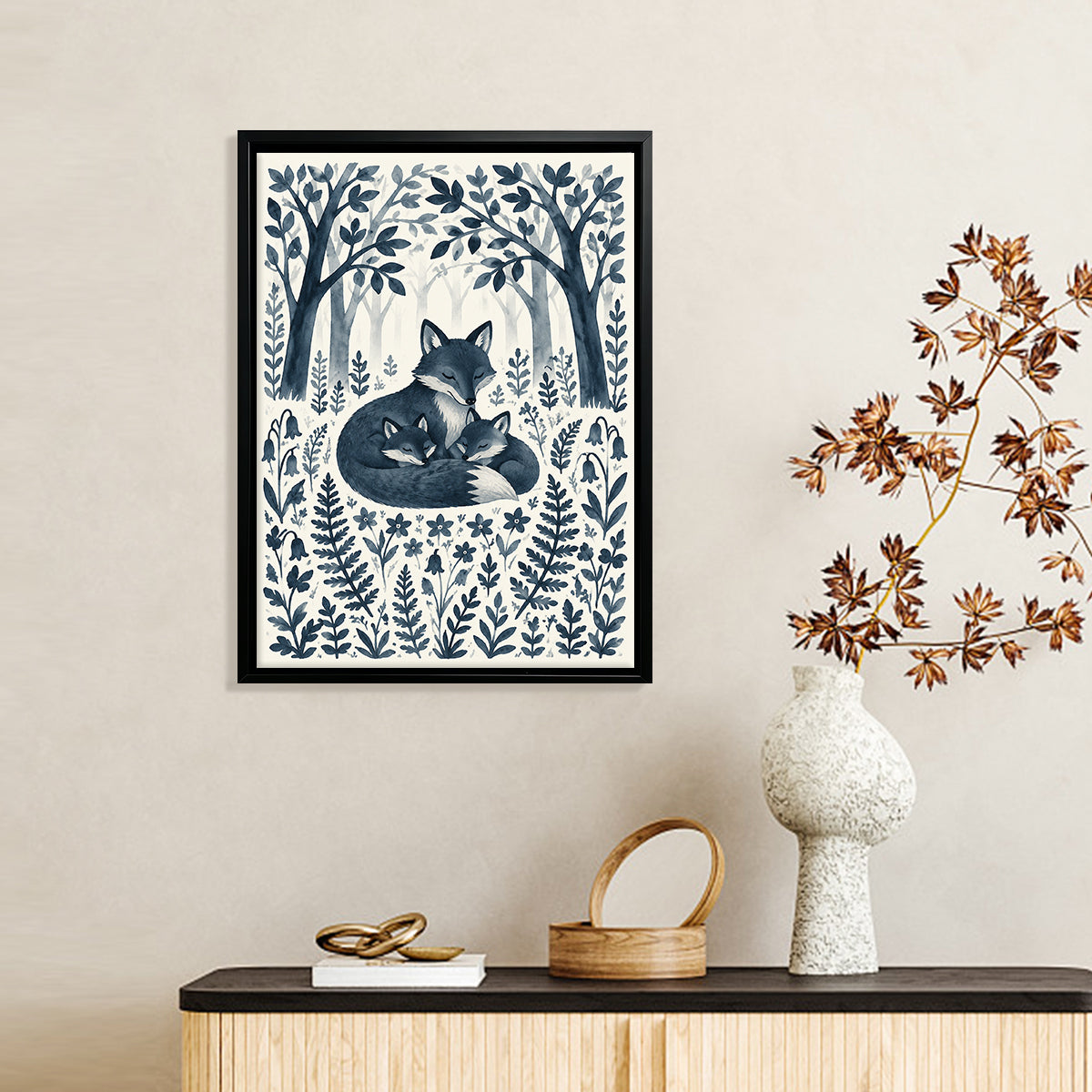 Framed Forest Fox Family Art Print, Blue Watercolor Style, Perfect for Home Decor or Gift