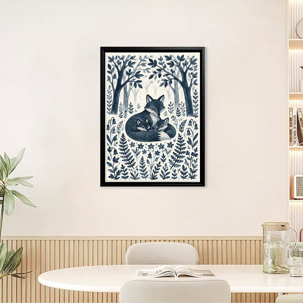 Framed Forest Fox Family Art Print, Blue Watercolor Style, Perfect for Home Decor or Gift