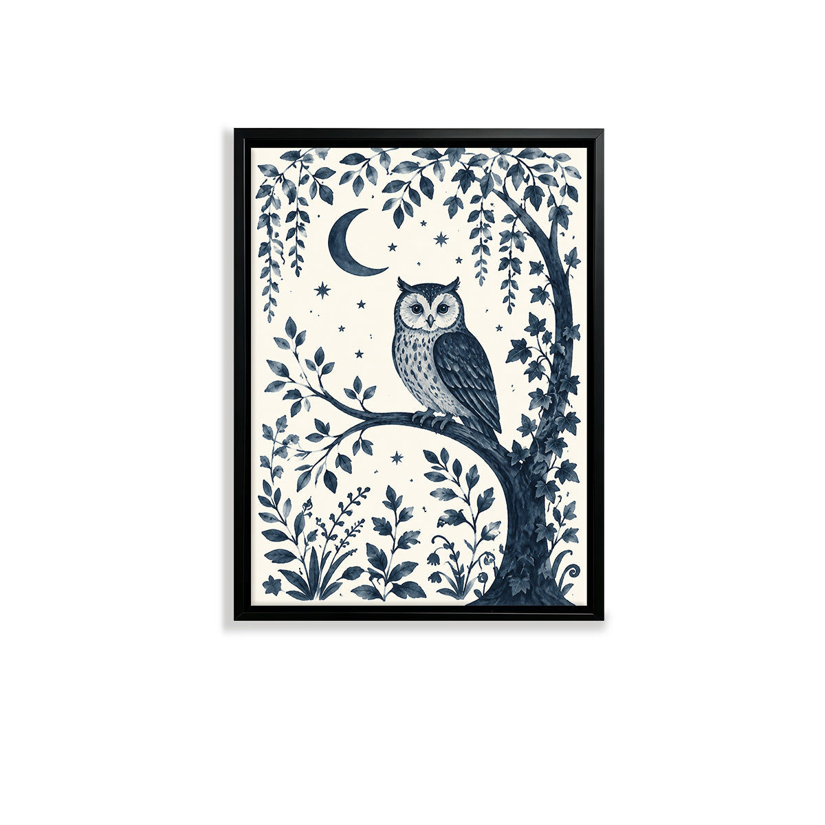 Framed Owl Art Print with Moon and Stars, Blue Monochrome Style, Perfect Home Decor for Any Room