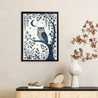 Framed Owl Art Print with Moon and Stars, Blue Monochrome Style, Perfect Home Decor for Any Room