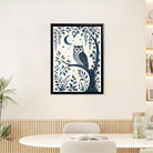 Framed Owl Art Print with Moon and Stars, Blue Monochrome Style, Perfect Home Decor for Any Room