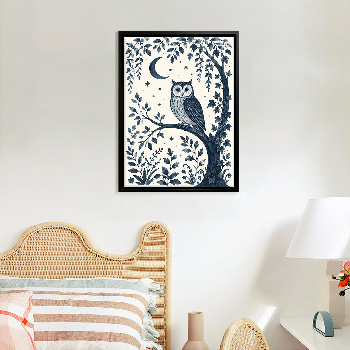 Framed Owl Art Print with Moon and Stars, Blue Monochrome Style, Perfect Home Decor for Any Room