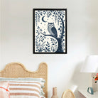 Framed Owl Art Print with Moon and Stars, Blue Monochrome Style, Perfect Home Decor for Any Room