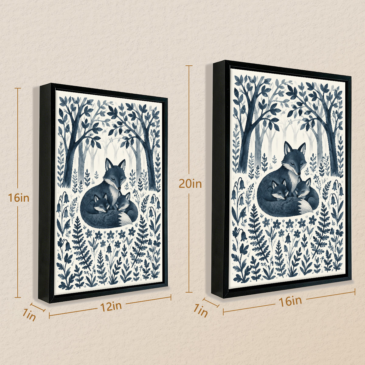 Framed Forest Fox Family Art Print, Blue Watercolor Style, Perfect for Home Decor or Gift