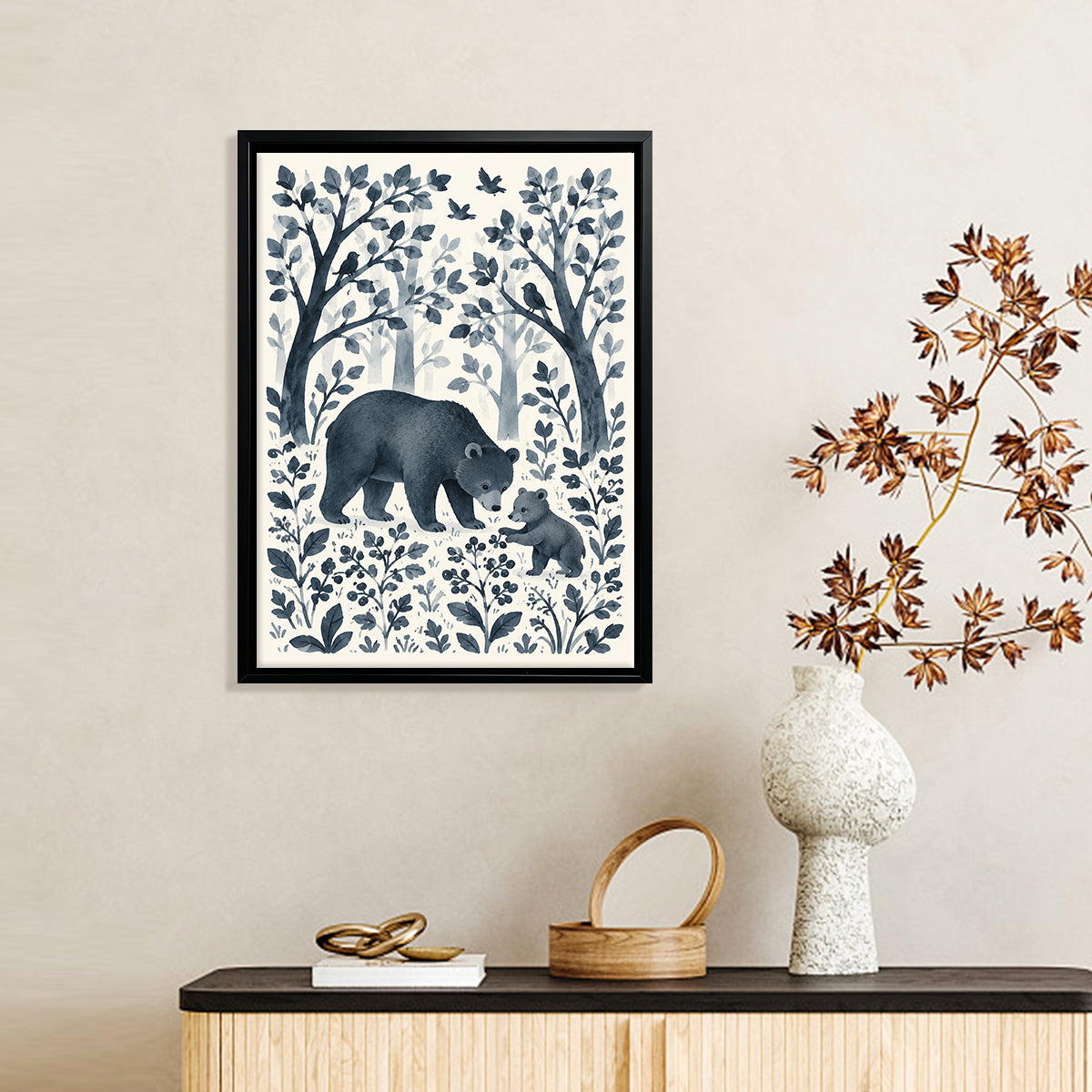 Framed Forest Bear & Cub Art Print, Watercolor Style, Perfect for Home Decor or Gift