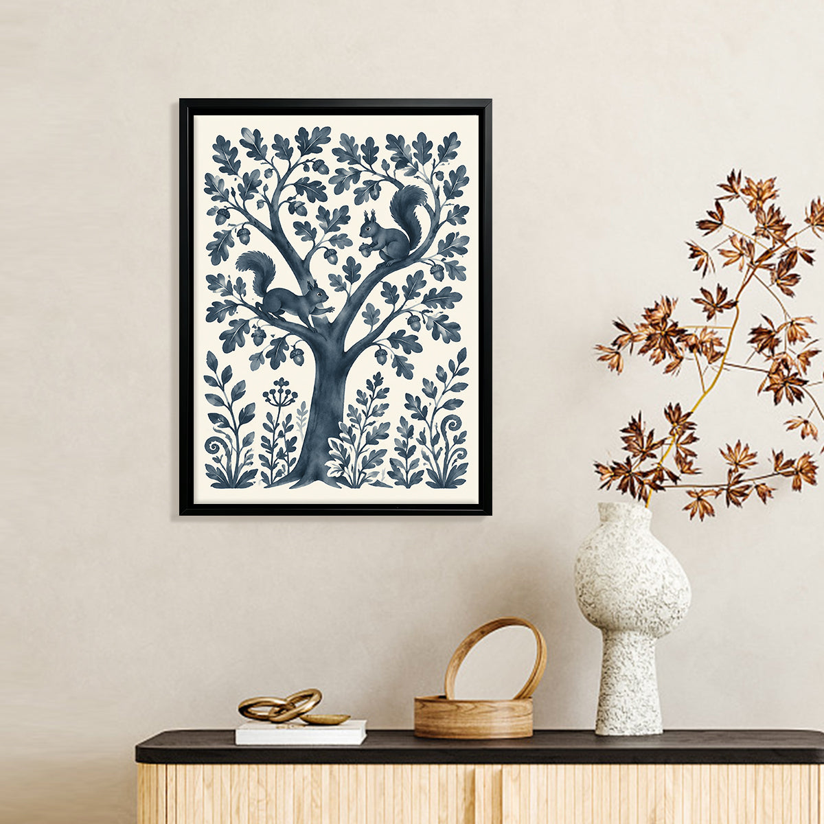 Framed Squirrel Tree Art Print, Vintage Blue Design, Perfect Home Decor for Any Room