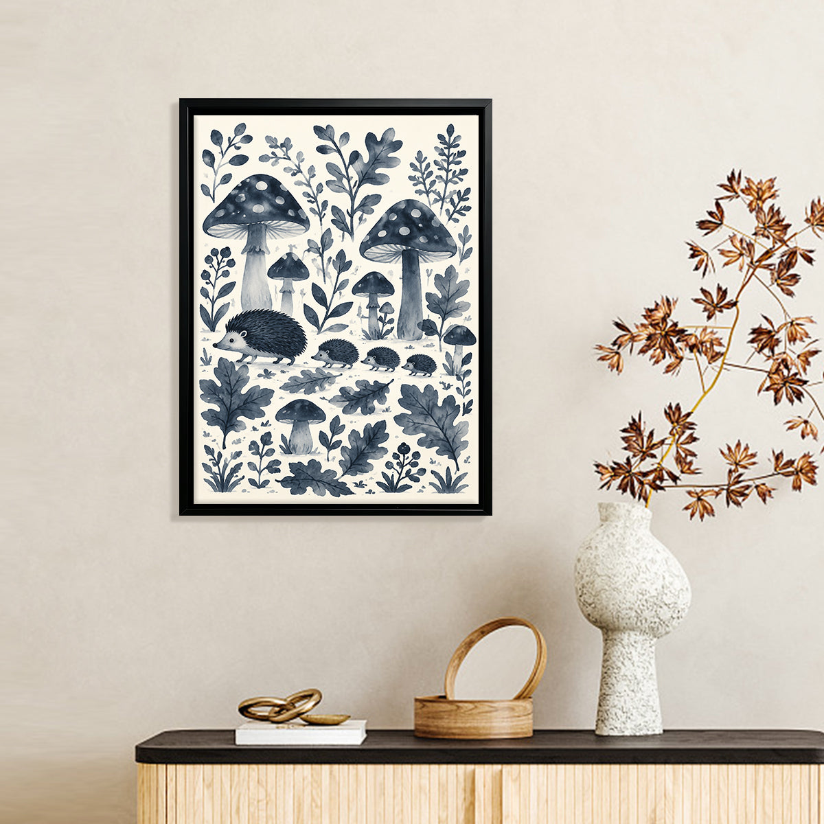 Framed Hedgehog and Mushroom Forest Art Print, Vintage Style, High-Quality Paper, Perfect for Home Decor in New York