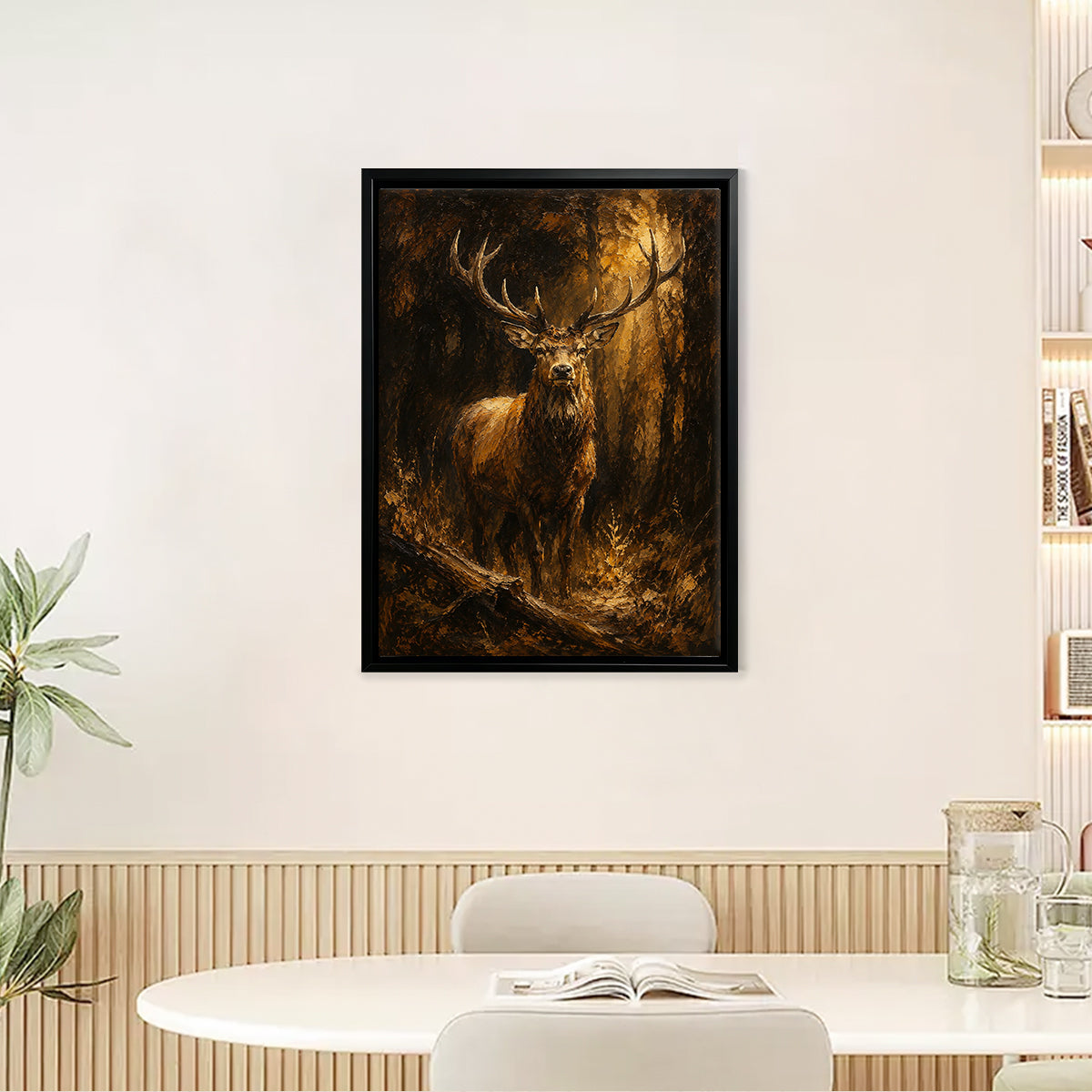 Framed Stag in Forest Oil Painting, Classic Artwork, High-Quality Canvas, Home Decor for Living Room or Office