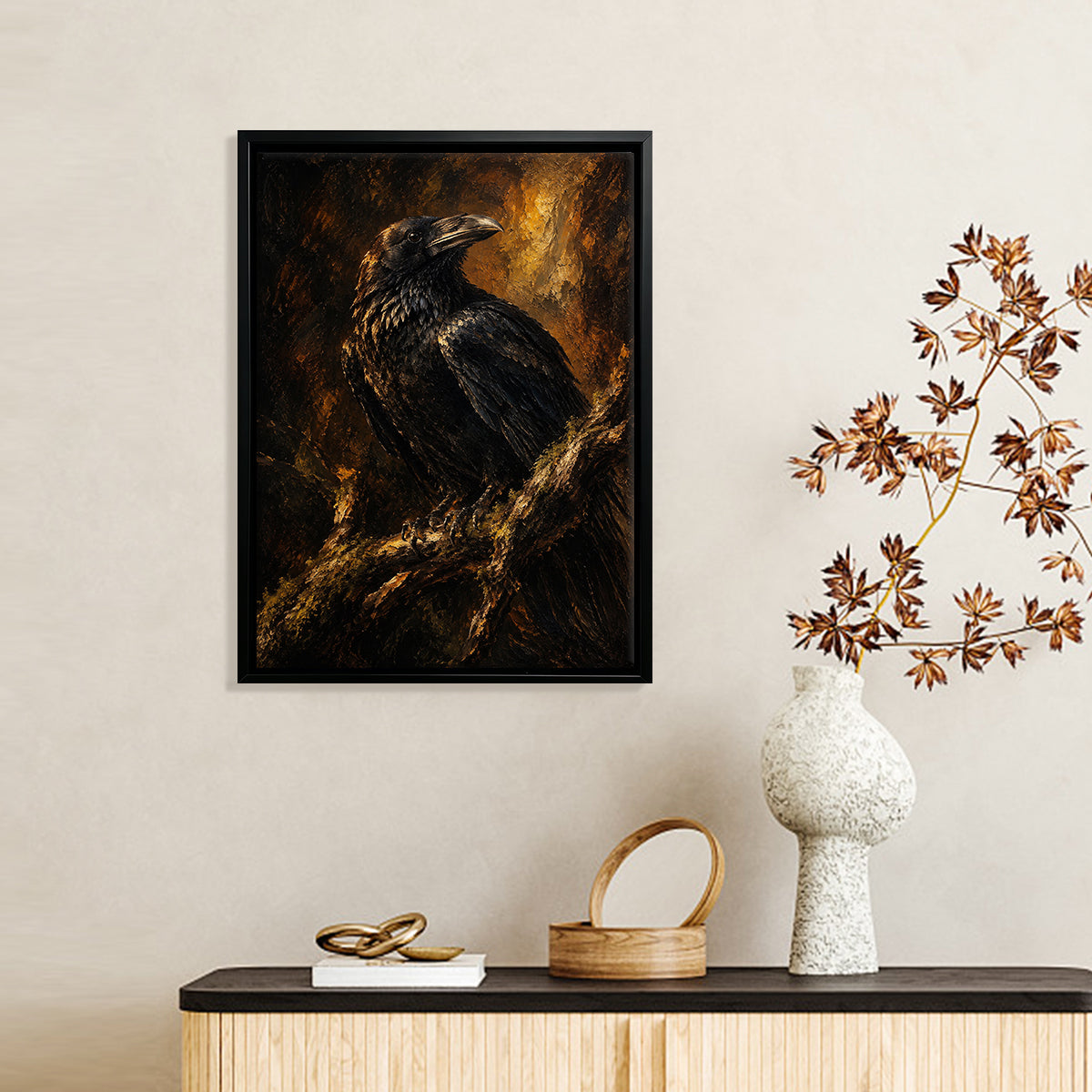 Framed Raven Oil Painting, Gothic Style, High-Quality Artwork, Perfect for Home Decor in New York