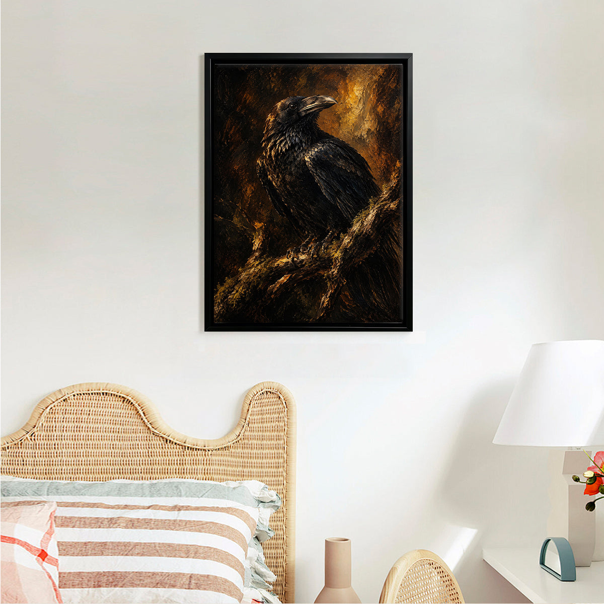 Framed Raven Oil Painting, Gothic Style, High-Quality Artwork, Perfect for Home Decor in New York