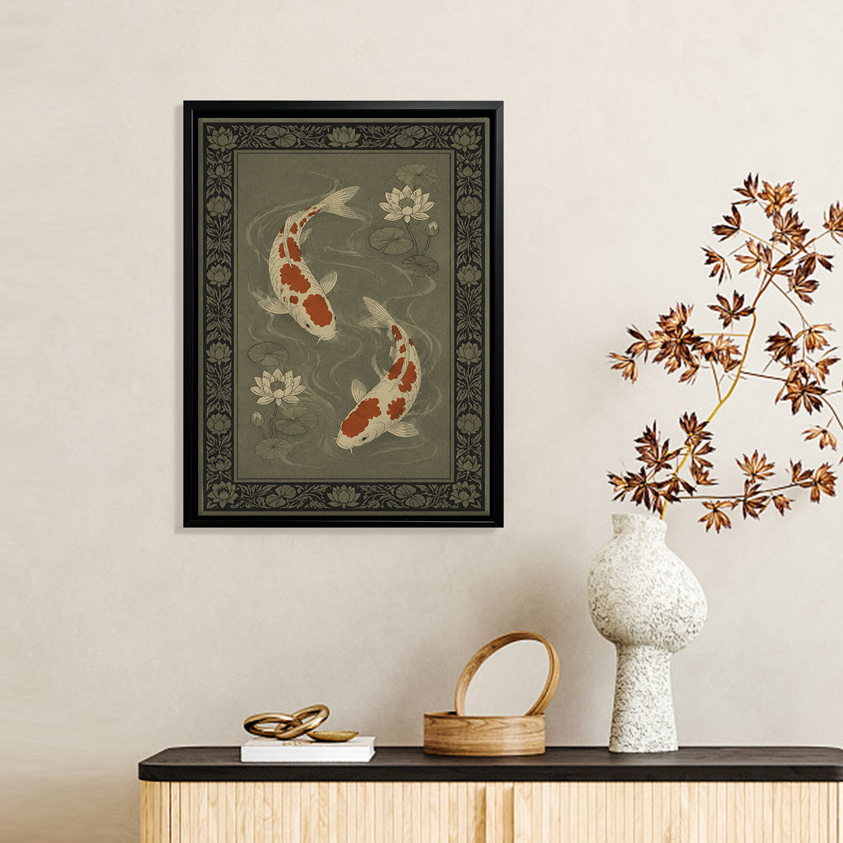Framed Koi Fish and Lotus Art Print, Vintage-Inspired, High-Quality Matte Finish, Perfect for Home Decor in Any Room