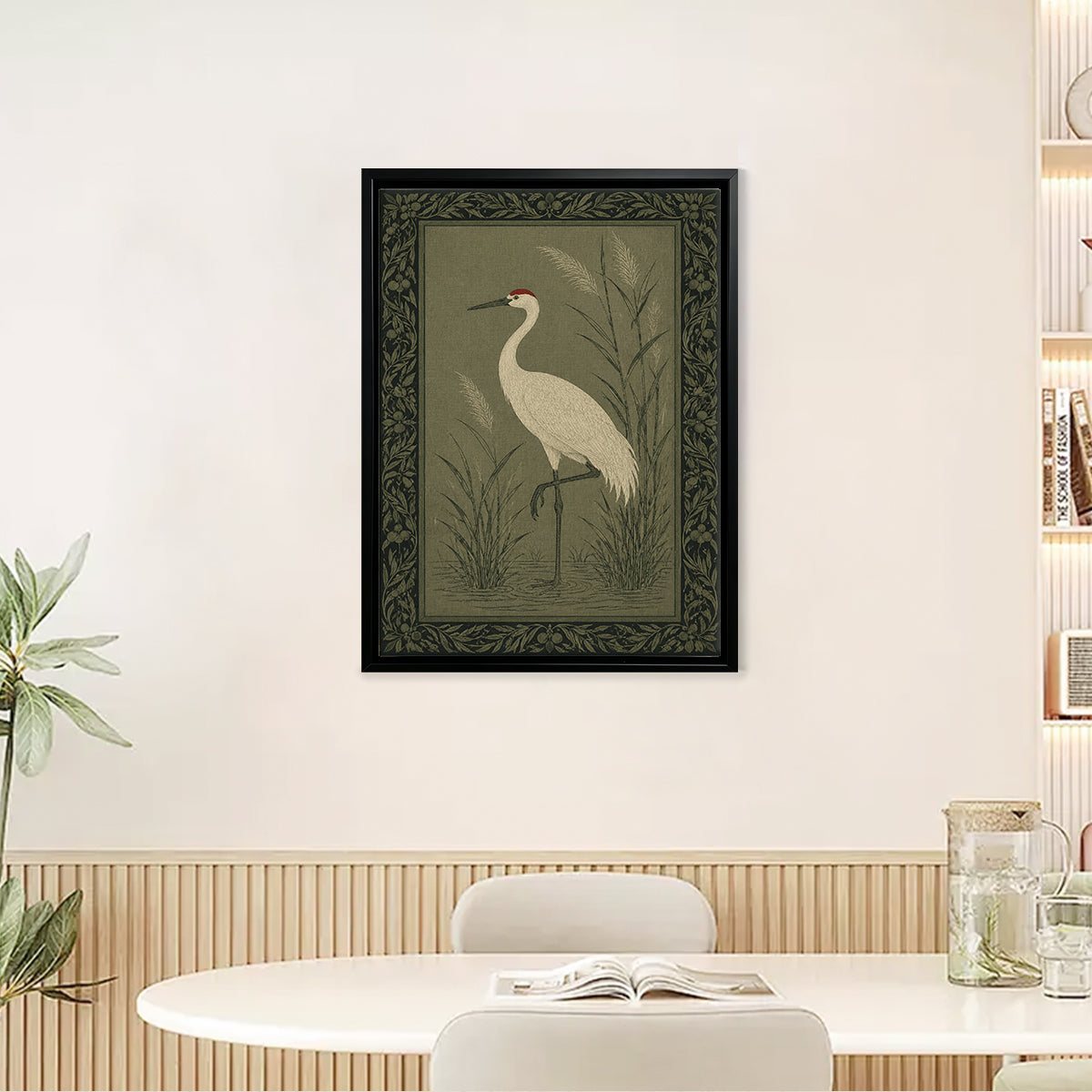 Framed Crane Bird Art Print, Vintage Style, Olive Green Background, Perfect for Home Decor