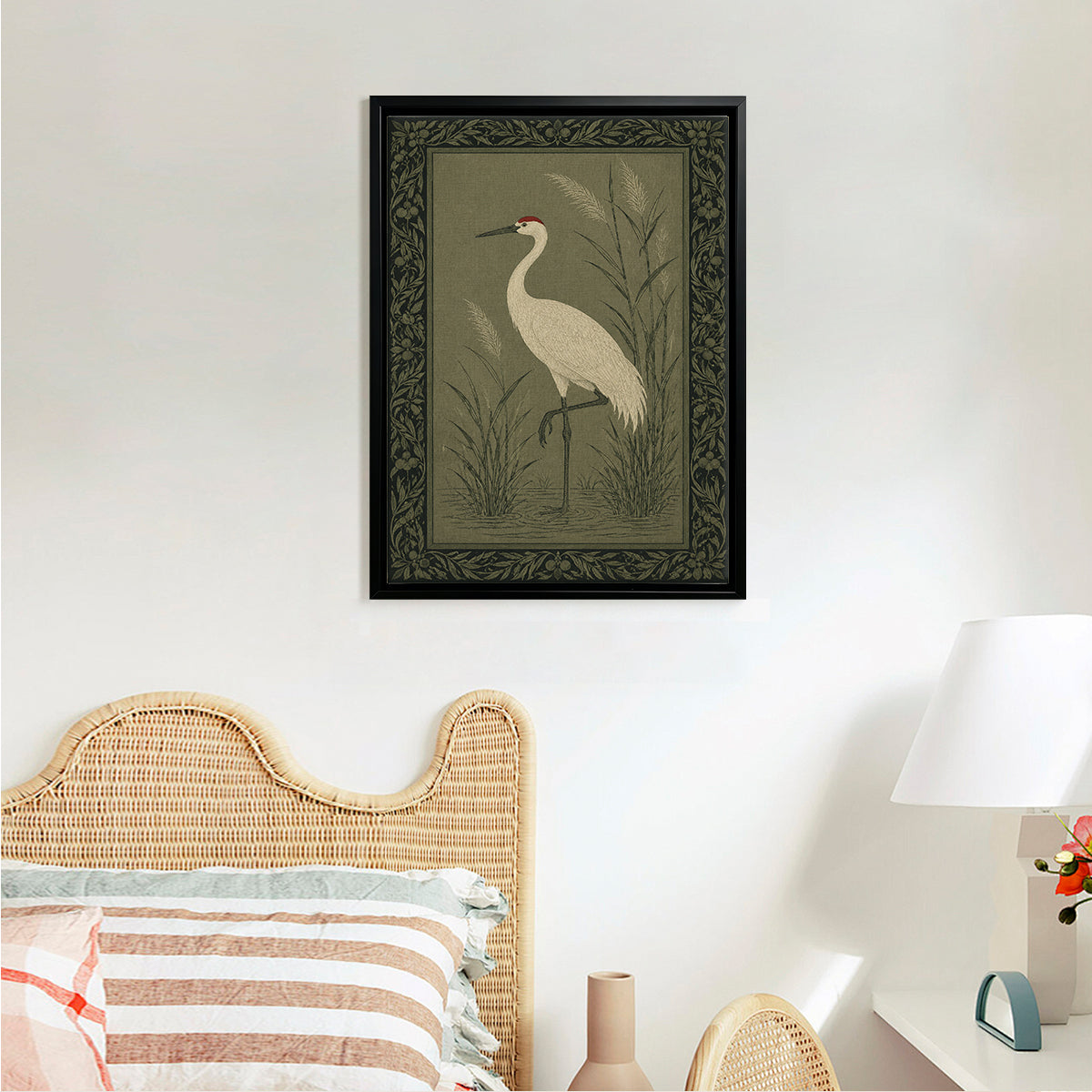 Framed Crane Bird Art Print, Vintage Style, Olive Green Background, Perfect for Home Decor