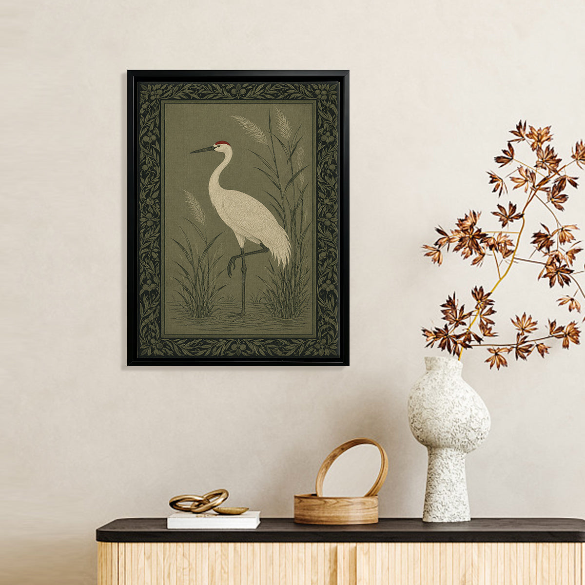 Framed Crane Bird Art Print, Vintage Style, Olive Green Background, Perfect for Home Decor